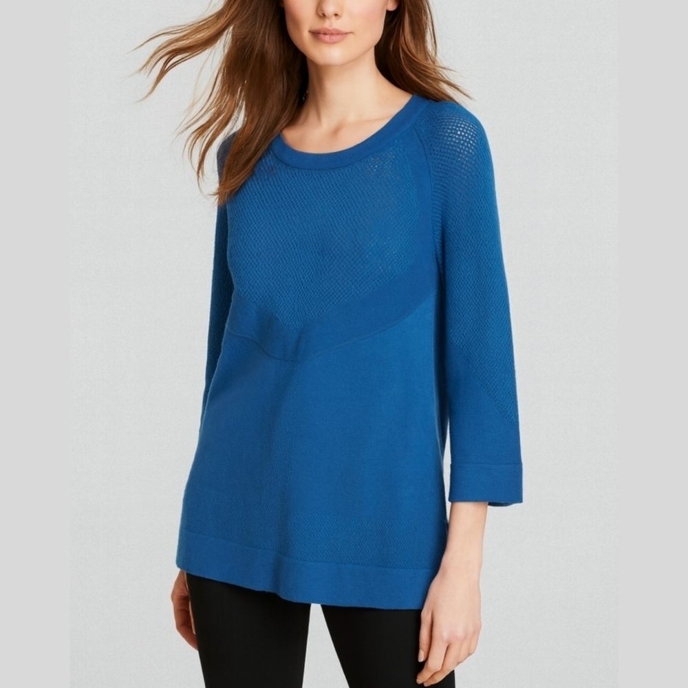 EVOLUTION BY CYRUS Teal Blue Soft Knit Sweater, Viscose Blend, Open Knit Details